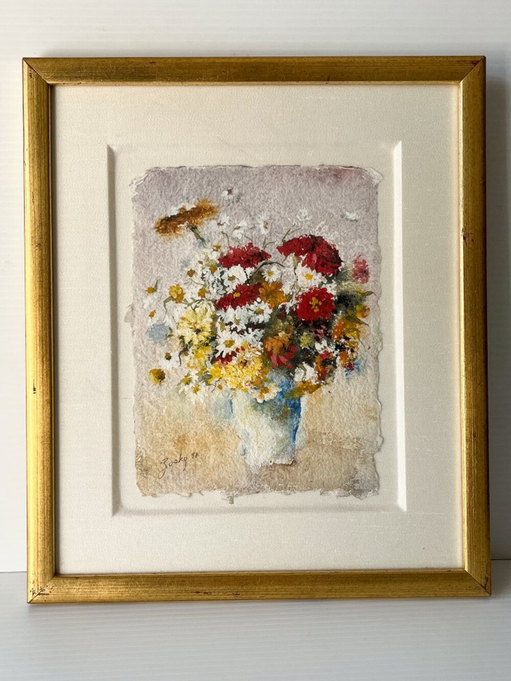 Vintage Original Floral Still Life Watercolor Painting Signed Zosky '97 Framed